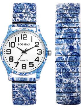 Women's Blue Flowers Analog Number Elastic Stretch Band Bohemia Bracelet Watch